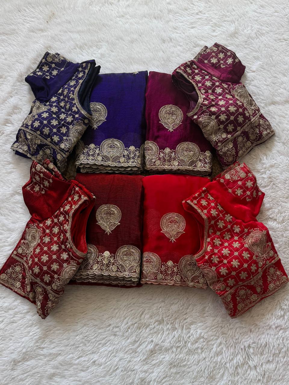 Royal Purple Satin Saree with Heavy Embroidered Border and Stitched Blouse
