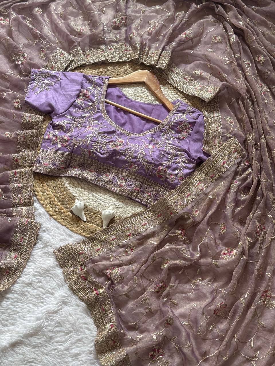 Lavender Skuba Satin Wedding Saree with Zari Meena Embroidery and Stitched Blouse