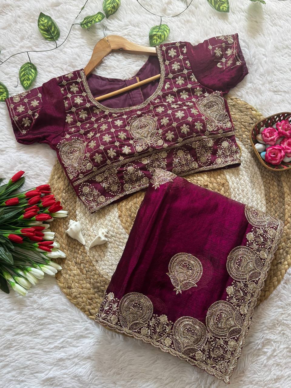 Wine Maroon Satin Saree with Heavy Embroidered Border and Stitched Blouse