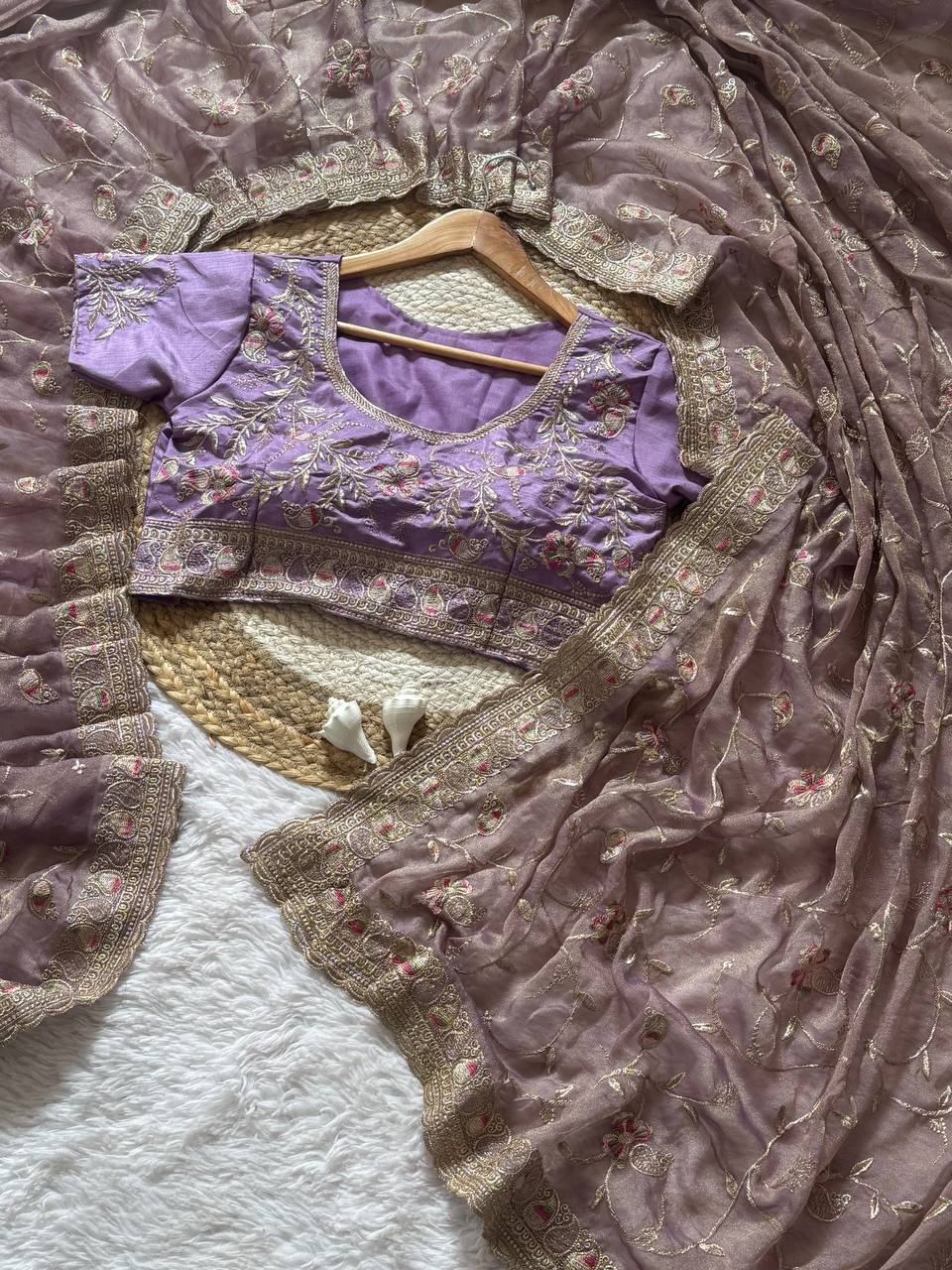 Lavender Skuba Satin Wedding Saree with Zari Meena Embroidery and Stitched Blouse