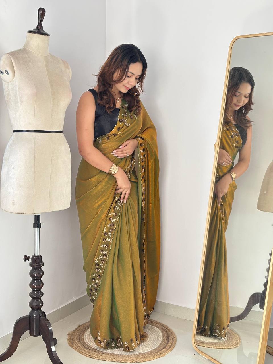 Mustard Two-Tone Fendy Chiffon Party Wear Saree with Diamond Cut Dana Zarkhand Work