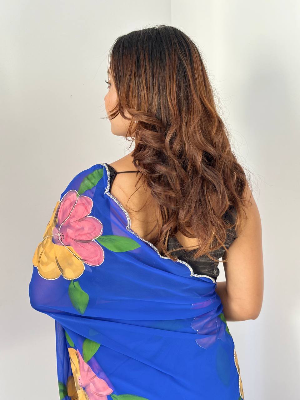 Celebrity Style Royal Blue Handpainted Georgette Saree with Cut Dana Khatali Work