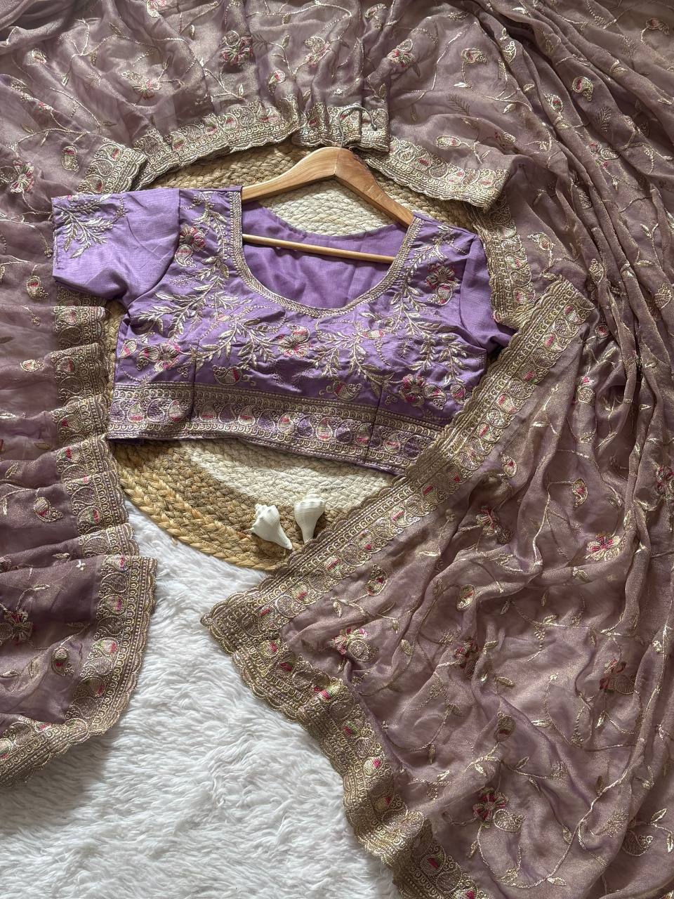 Lavender Skuba Satin Wedding Saree with Zari Meena Embroidery and Stitched Blouse