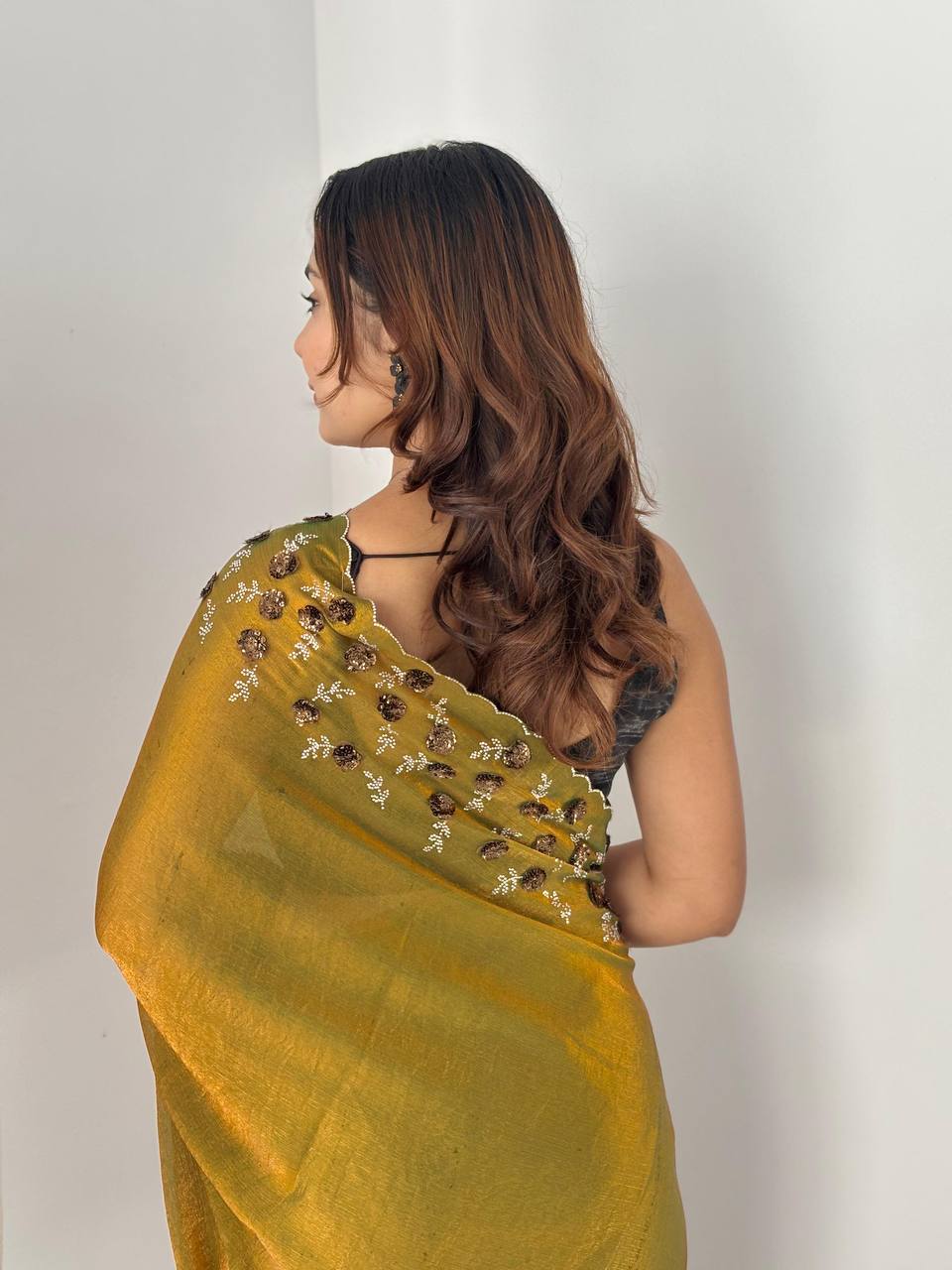 Mustard Two-Tone Fendy Chiffon Party Wear Saree with Diamond Cut Dana Zarkhand Work