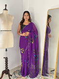 Celebrity Style Handpainted Purple Georgette Saree with Cut Dana Khatali Work