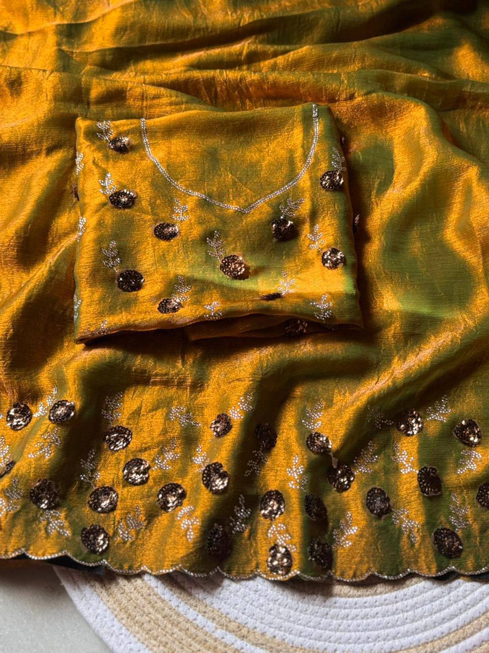 Mustard Two-Tone Fendy Chiffon Party Wear Saree with Diamond Cut Dana Zarkhand Work