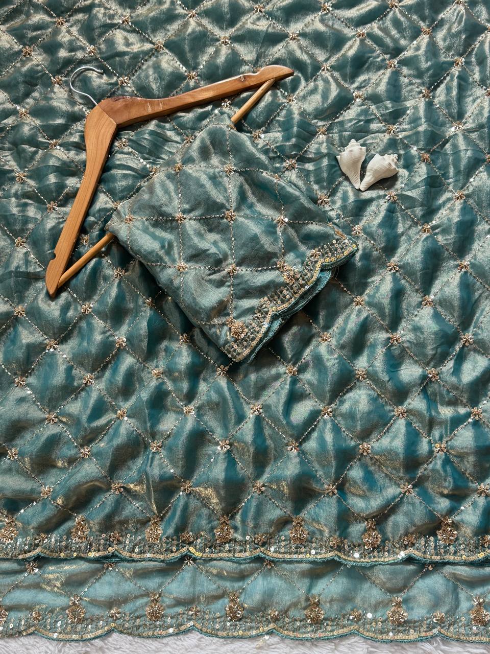 Teal Green Space Silk Designer Saree with Beads & Sequin Handwork