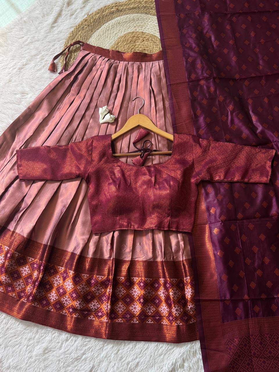 Dusty Rose Kanjiveram Silk Half Saree with Wine Zari Dupatta