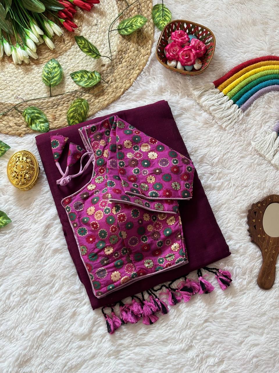 Magenta Mull Cotton Saree with Pink Tassels & Multicolor Floral Brocade Blouse