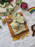Mint Green Mull Cotton Saree with Mustard Tussels & Brocade Blouse