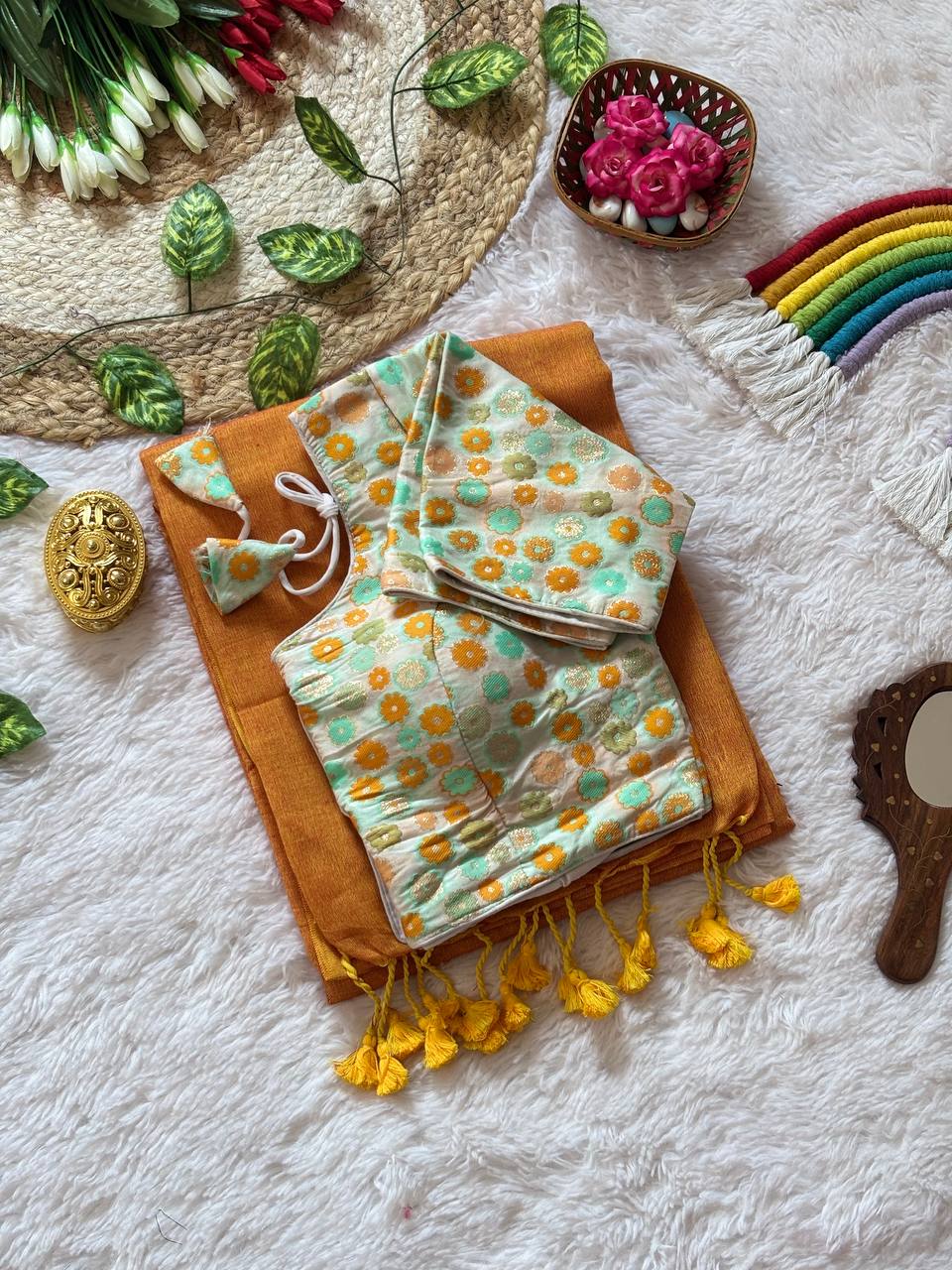 Mint Green Mull Cotton Saree with Mustard Tussels & Brocade Blouse