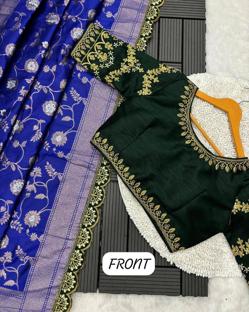 Royal Blue Zari Mina Work Saree with Dark Green Embroidered Stitched Blouse