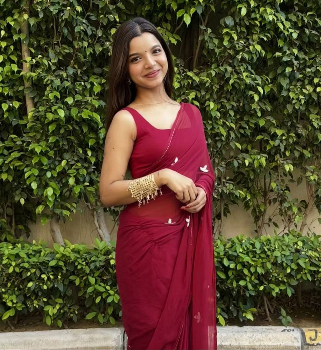 Wine Red Handwork Cut Dana Georgette Dinner Saree with Silver Border