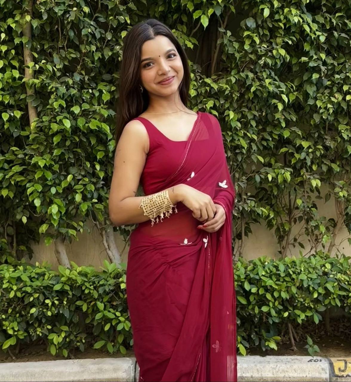 Wine Red Handwork Cut Dana Georgette Dinner Saree with Silver Border