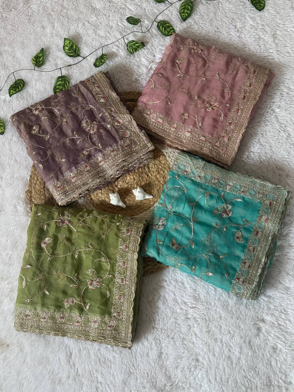 Olive Green Skuba Satin Wedding Saree with Rich Zari Meena Embroidery and Stitched Blouse