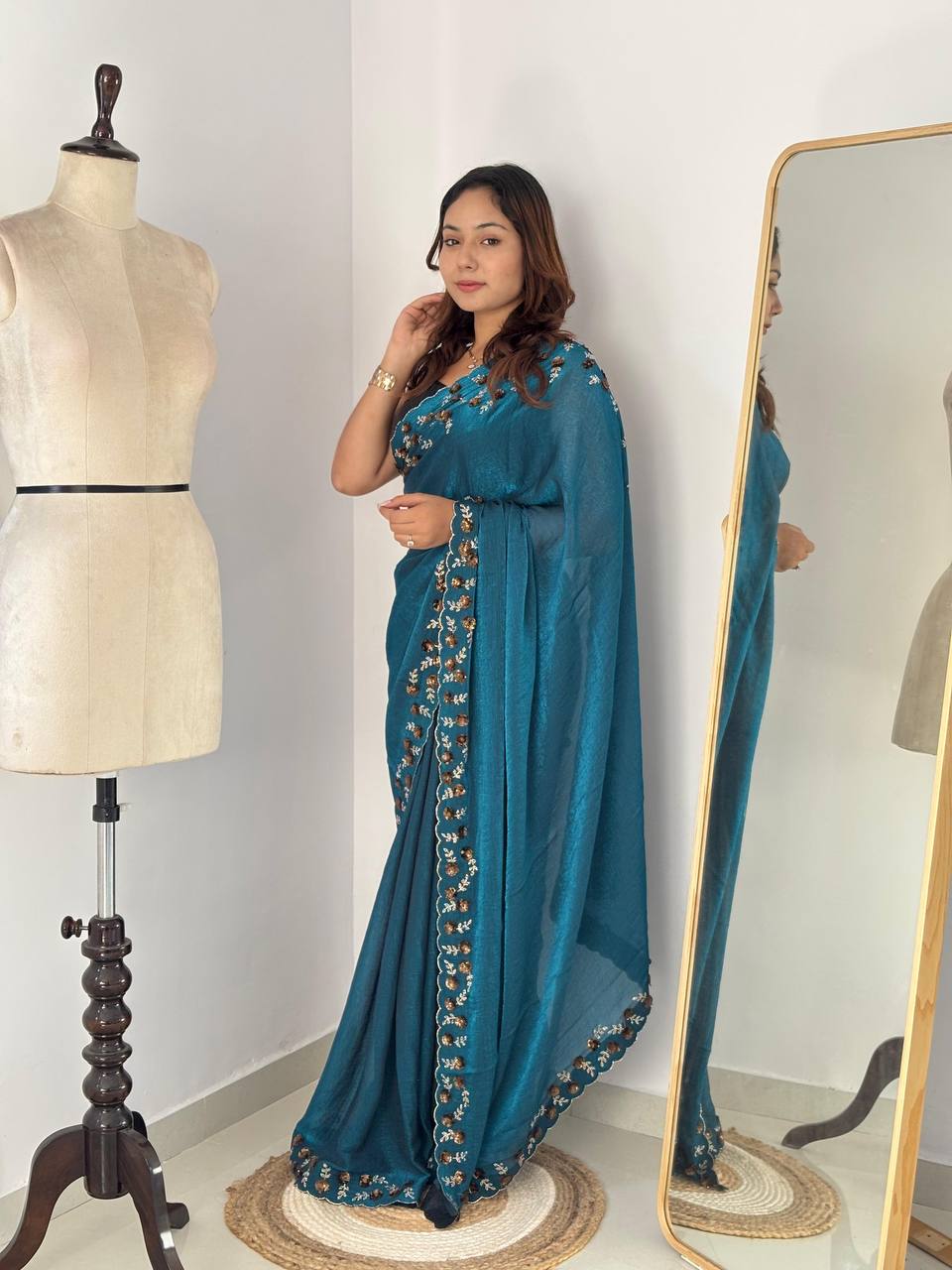 Teal Blue Fendy Chiffon Party Wear Saree with Diamond Cut Dana Zarkhand Work