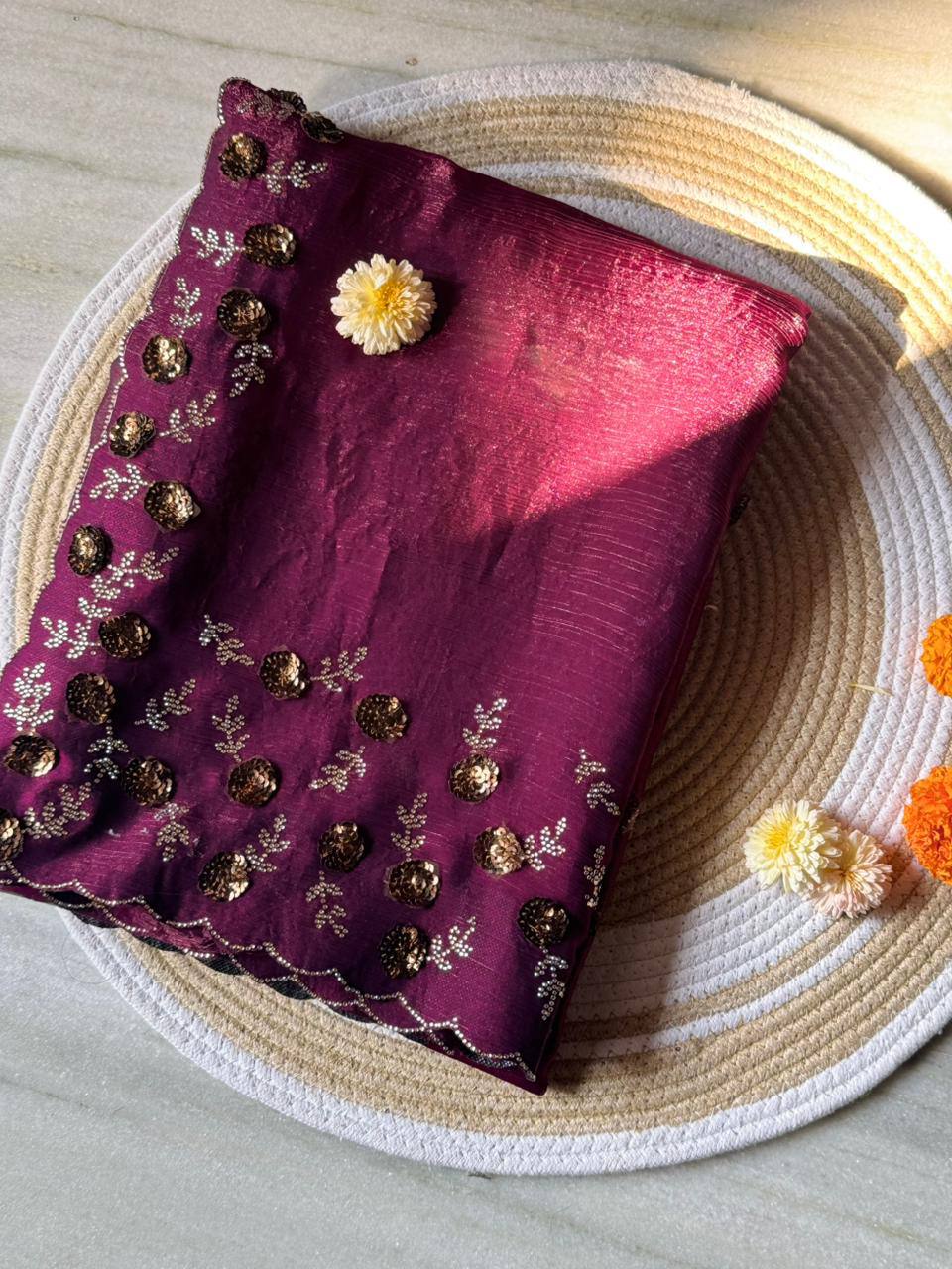 Magenta Two-Tone Fendy Chiffon Party Wear Saree with Diamond Cut Dana Zarkhand Work