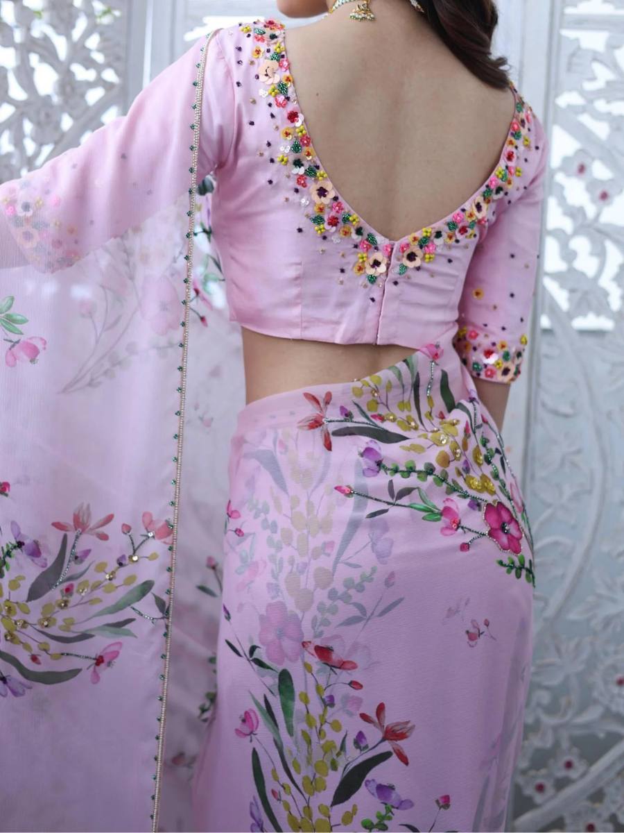 Soft Pink Tabi Organza Celebrity Style Saree with Floral Handwork