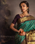 Pushpa – Emerald Green Banarasi Soft Silk Saree with Gold Checks & Contrast Zari Border