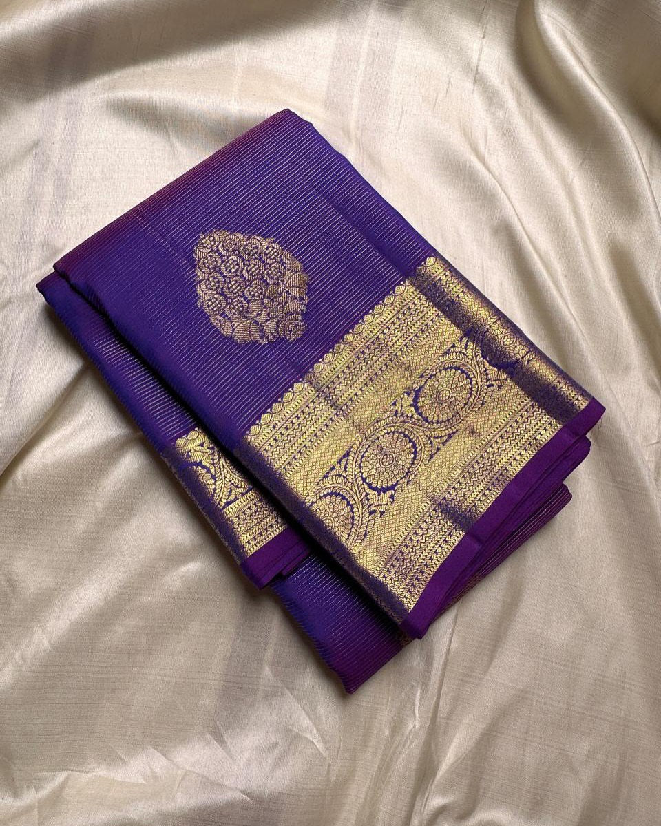 Ayushi – Purple Banarasi Soft Silk Saree with Gold Zari Butti & Heritage Border