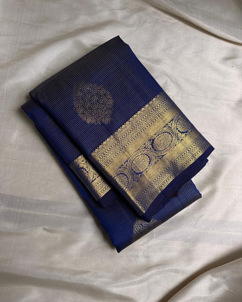 Ayushi – Royal Blue Banarasi Soft Silk Saree with Gold Zari Butti & Classic Border