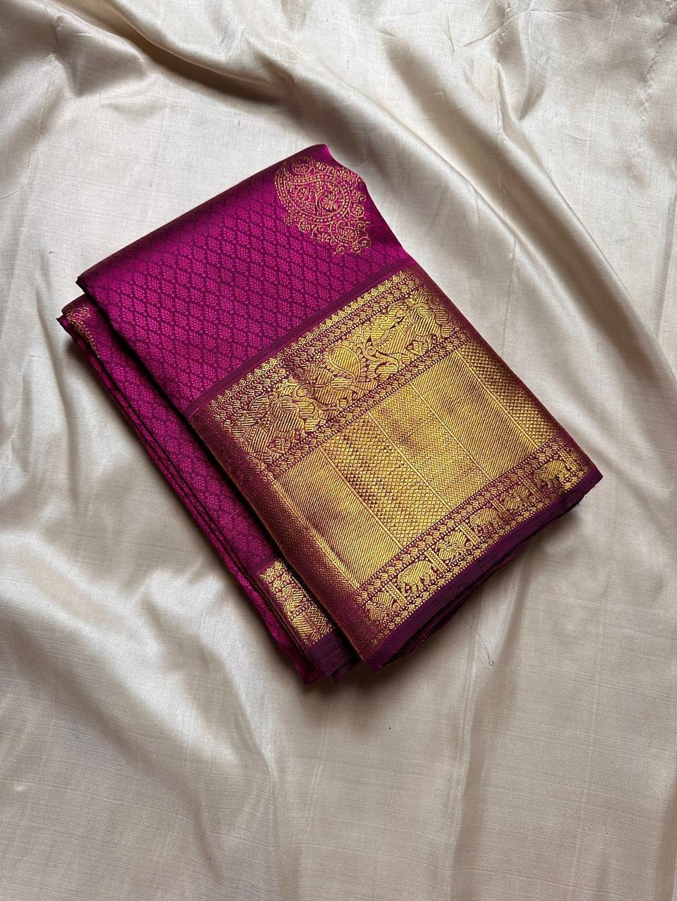 Dakshayani – Rani Pink Banarasi Soft Silk Saree with Gold Zari Butti & Temple Border