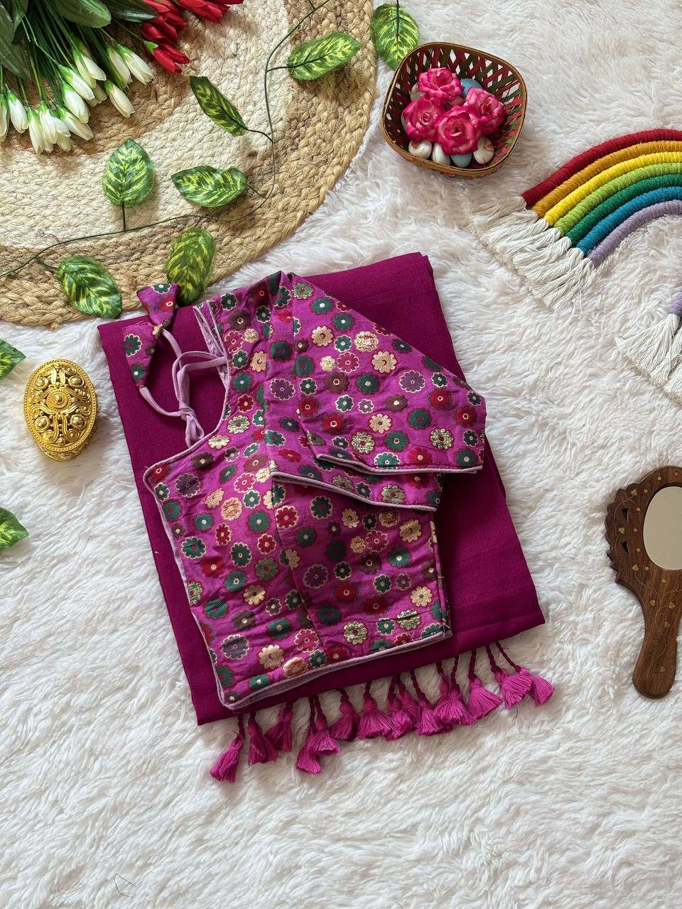 Wine Purple Mull Cotton Saree with Black Tassels & Floral Brocade Blouse