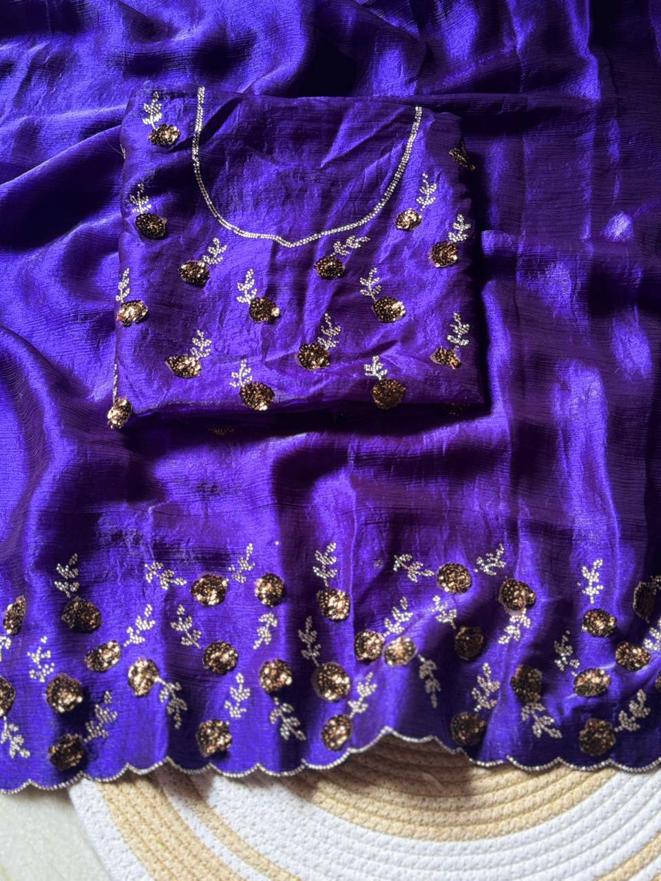 Royal Purple Fendy Chiffon Saree with Zarkhand Diamond Cut Dana Handwork