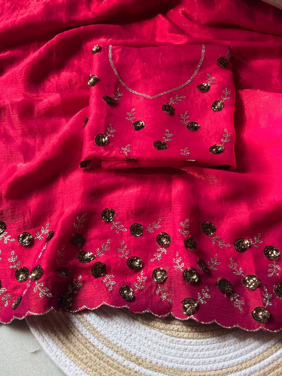 Wine Red Fendy Chiffon Party Wear Saree with Diamond Cut Dana Zarkhand Work