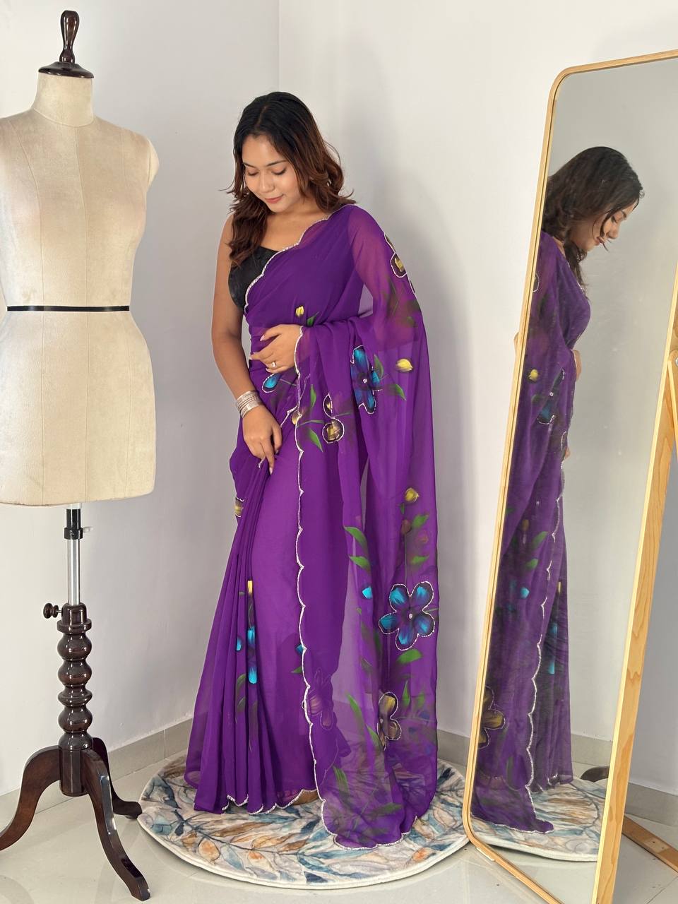 Celebrity Style Handpainted Purple Georgette Saree with Cut Dana Khatali Work