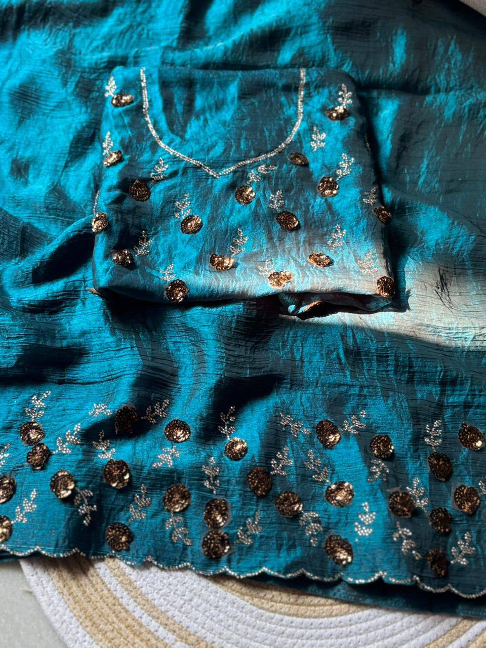 Teal Blue Fendy Chiffon Party Wear Saree with Diamond Cut Dana Zarkhand Work