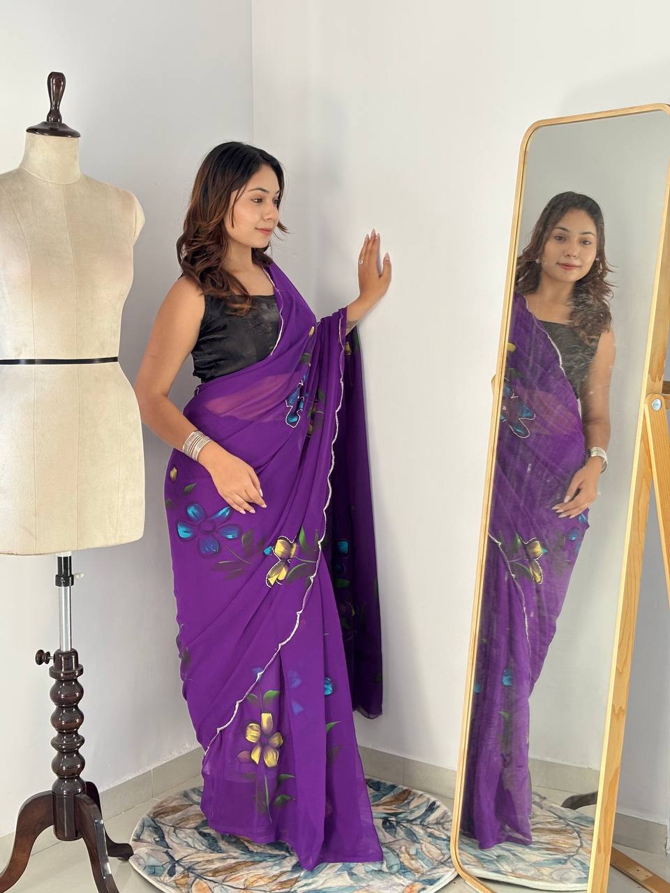 Celebrity Style Handpainted Purple Georgette Saree with Cut Dana Khatali Work