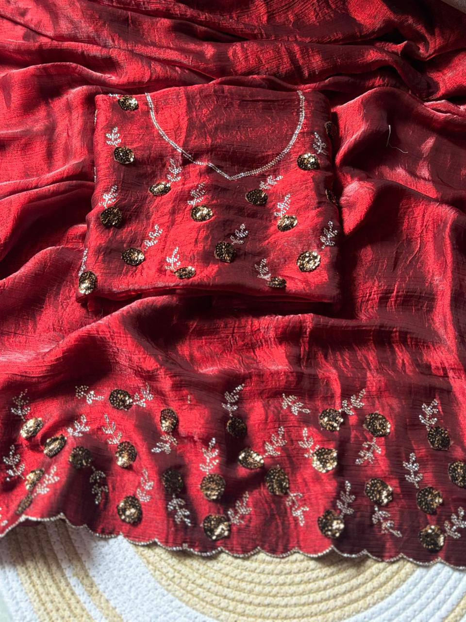 Hot Pink Fendy Chiffon Party Wear Saree with Diamond Cut Dana Zarkhand Work