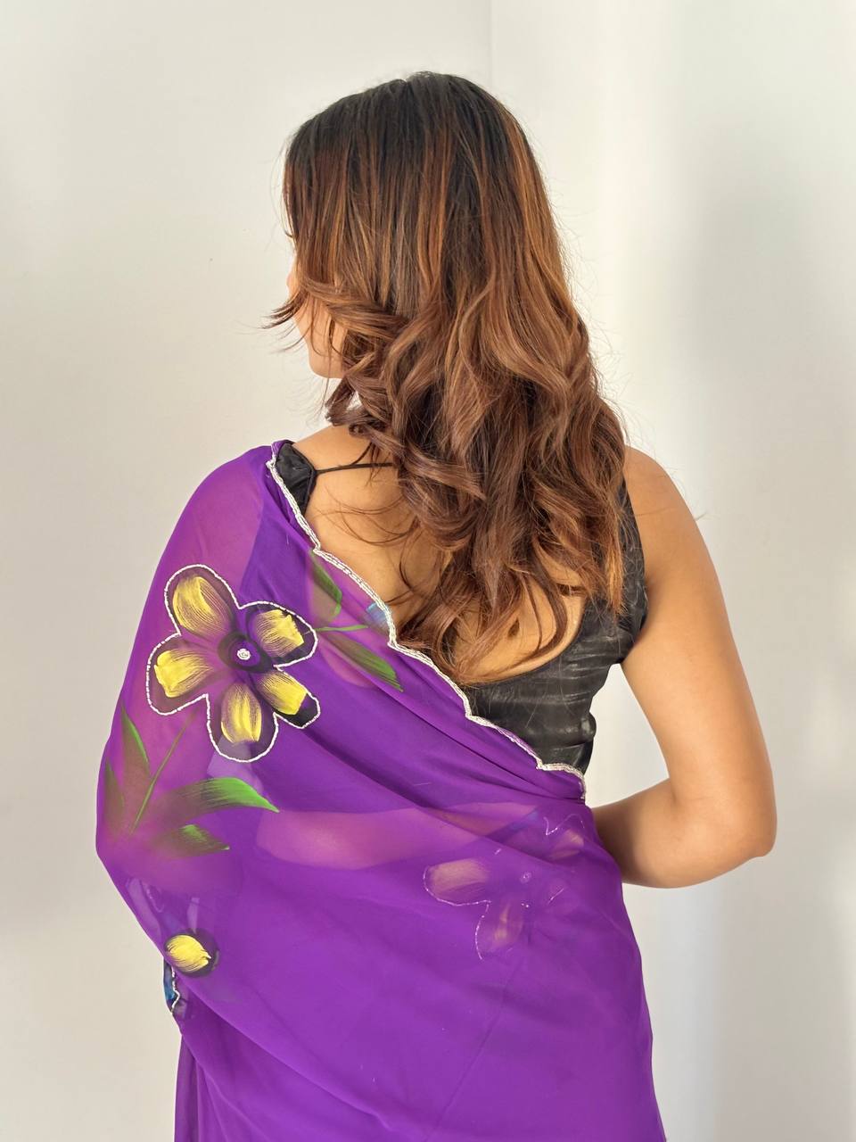 Celebrity Style Handpainted Purple Georgette Saree with Cut Dana Khatali Work