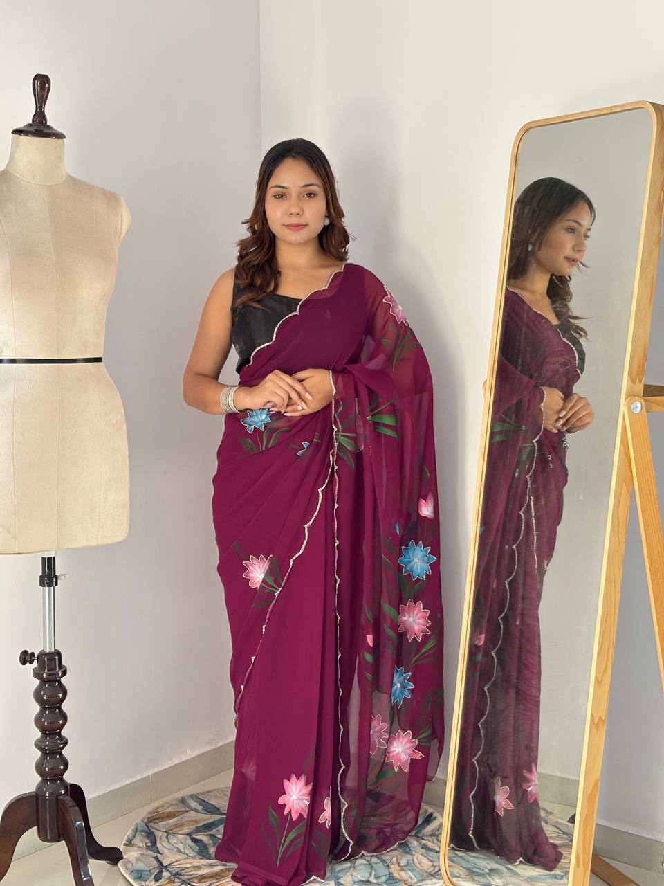 Celebrity Style Handpainted Wine Georgette Saree with Cut Dana Khatali Work
