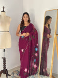 Celebrity Style Handpainted Wine Georgette Saree with Cut Dana Khatali Work