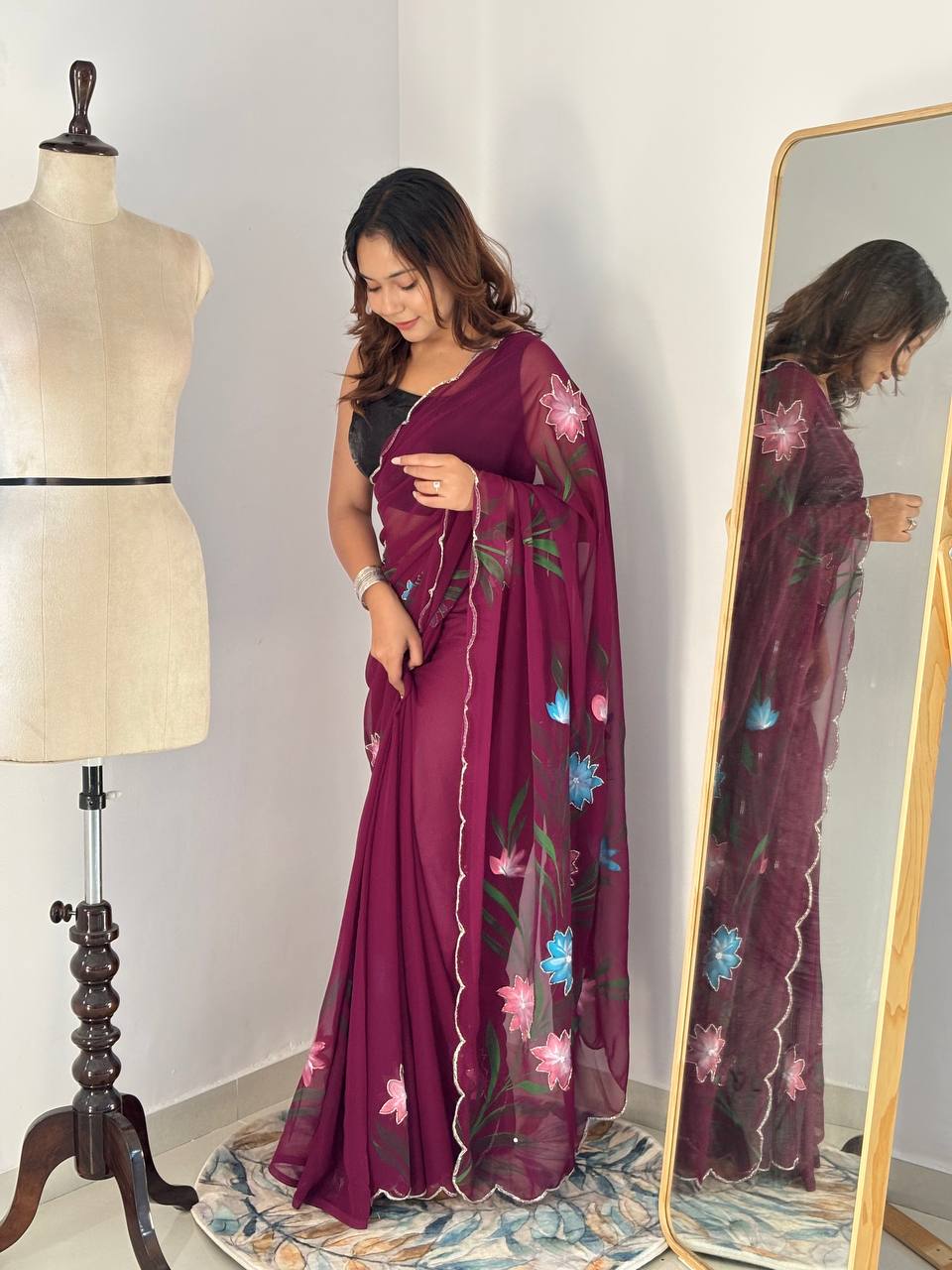 Celebrity Style Handpainted Wine Georgette Saree with Cut Dana Khatali Work