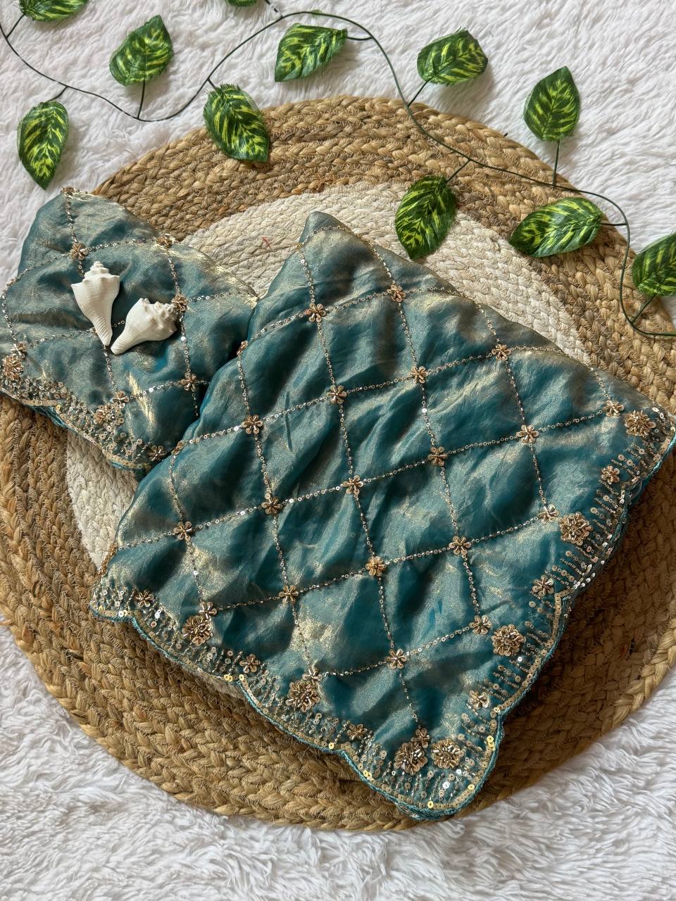 Teal Green Space Silk Designer Saree with Beads & Sequin Handwork