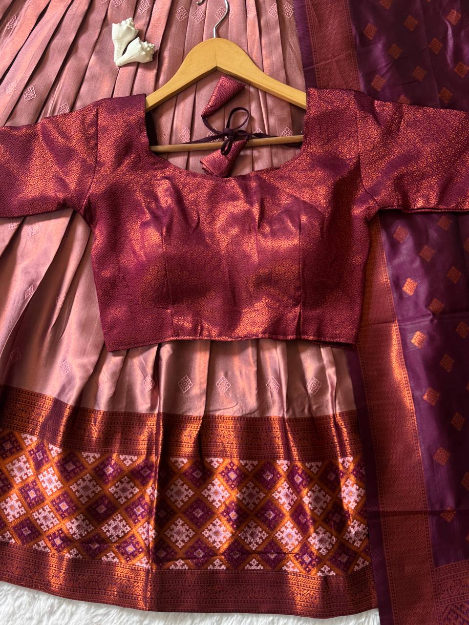 Dusty Rose Kanjiveram Silk Half Saree with Wine Zari Dupatta