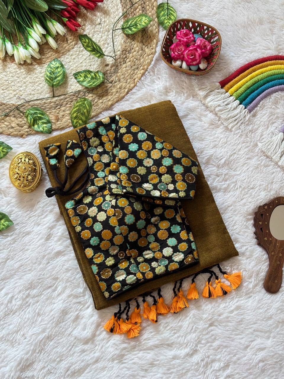 Olive Green Mull Cotton Saree with Mustard Tassels & Black Floral Brocade Blouse