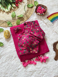 Rani Pink Mull Cotton Saree with Floral Brocade Blouse & Tassels