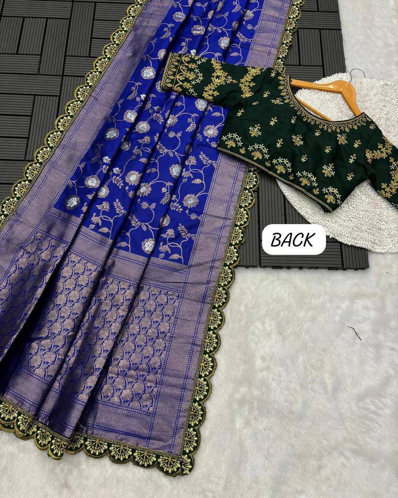 Royal Blue Zari Mina Work Saree with Dark Green Embroidered Stitched Blouse