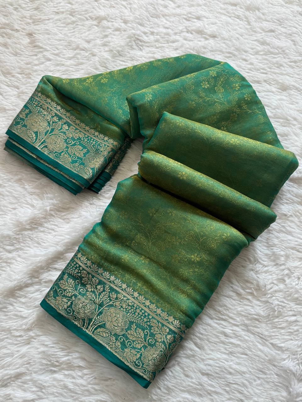 Sea Green Soft Space Silk Saree with Sky Blue Zari Border & Rich Zari Pallu
