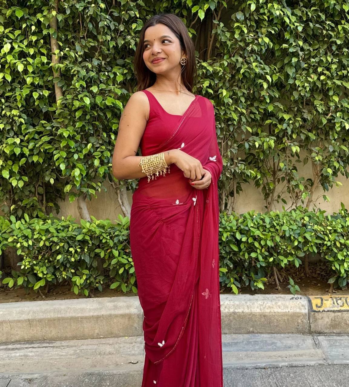 Wine Red Handwork Cut Dana Georgette Dinner Saree with Silver Border