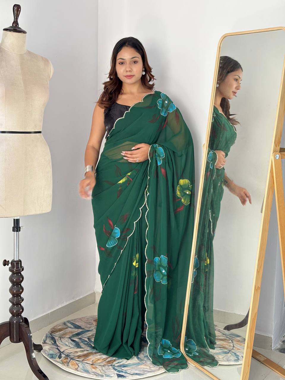 Celebrity Style Handpainted Green Georgette Saree with Cut Dana Khatali Work