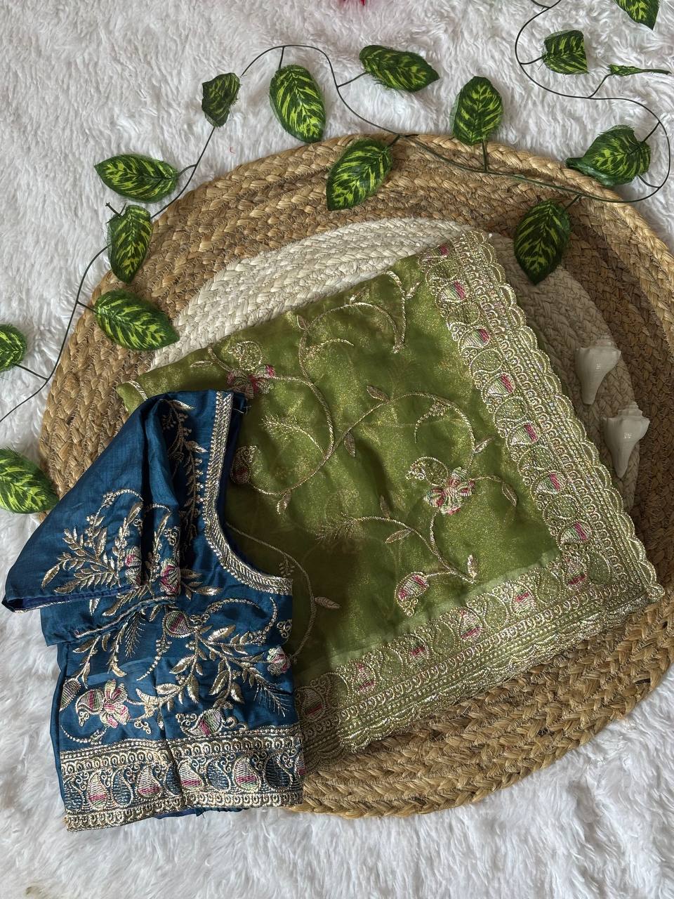 Olive Green Skuba Satin Wedding Saree with Rich Zari Meena Embroidery and Stitched Blouse