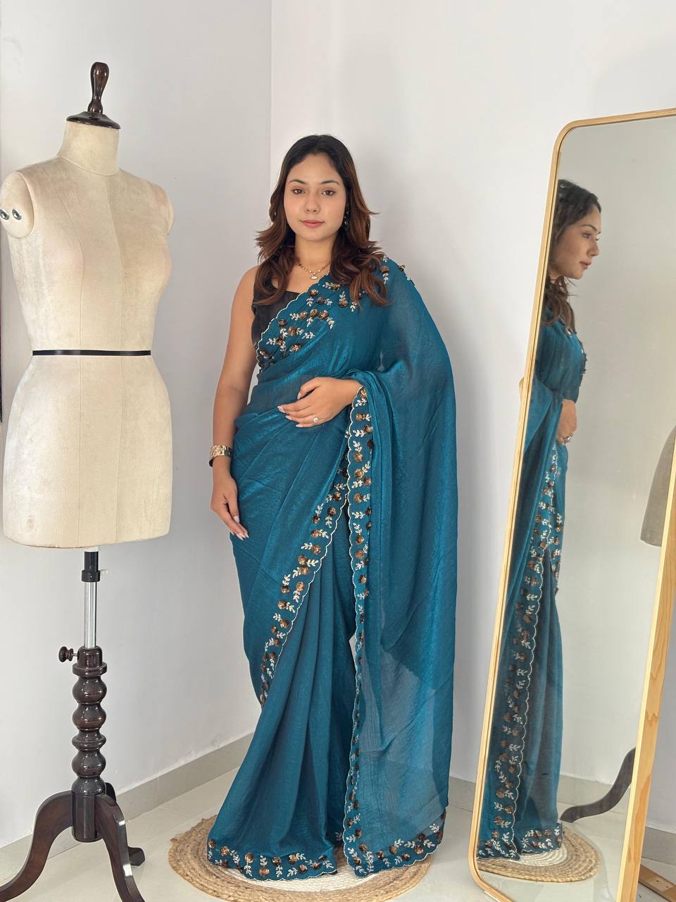 Teal Blue Fendy Chiffon Party Wear Saree with Diamond Cut Dana Zarkhand Work
