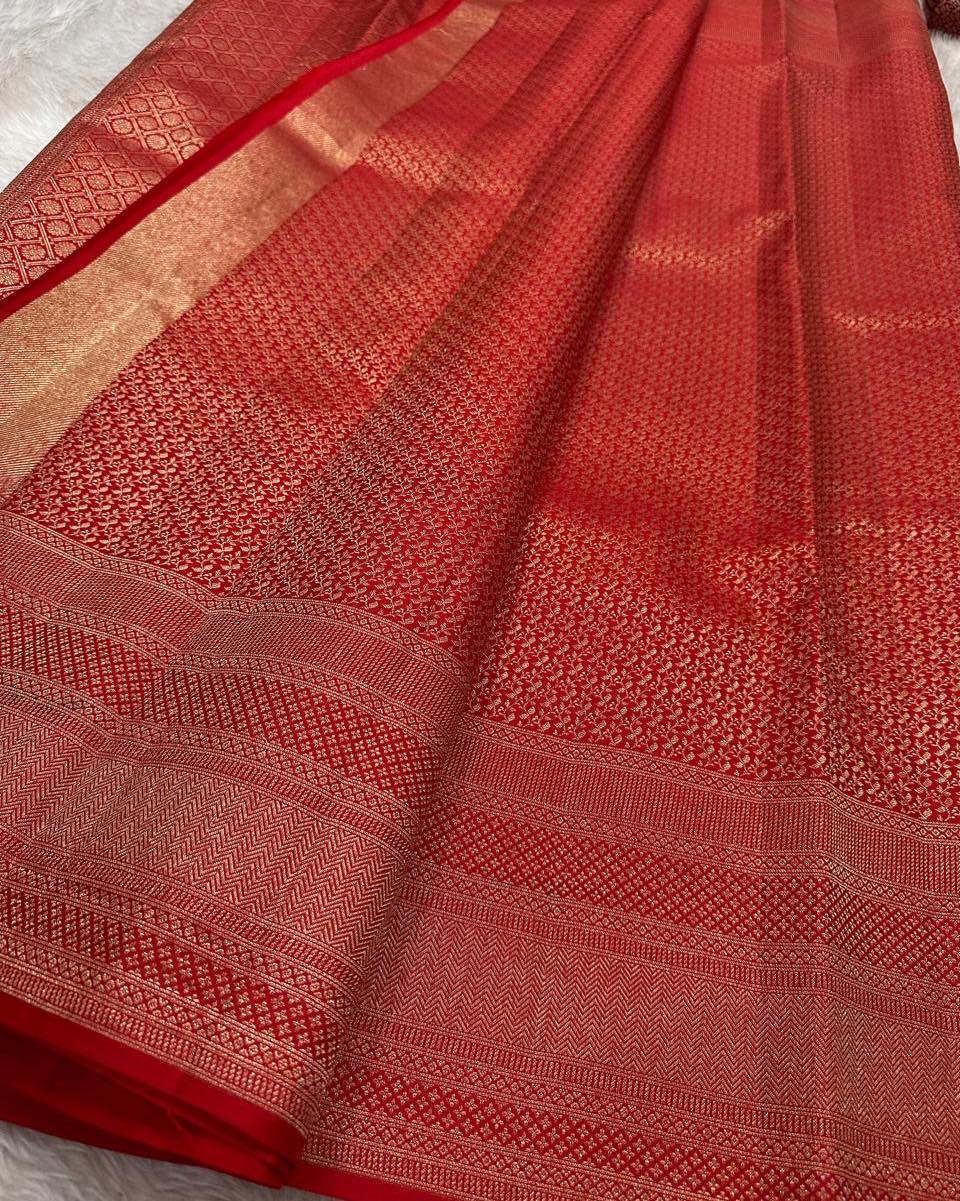 Aruna – Bridal Red Banarasi Soft Silk Saree with Allover Zari Weave & Grand Border