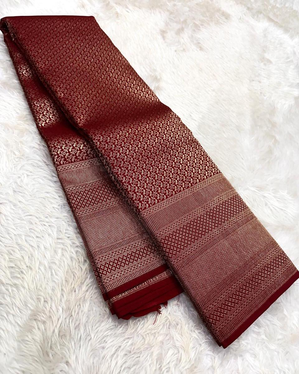 Meenal – Deep Maroon Banarasi Soft Silk Saree with Allover Zari Weave & Classic Border
