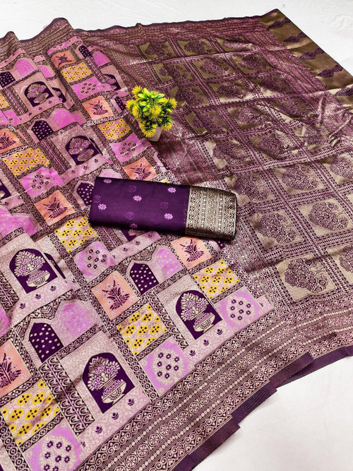 Sabita – Lavender Purple Banarasi Soft Silk Saree with Floral Zari Patchwork Design